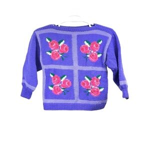 Vintage 80s Purple Floral Mohair Handmade Knitted Crew Neck Sweater Womens